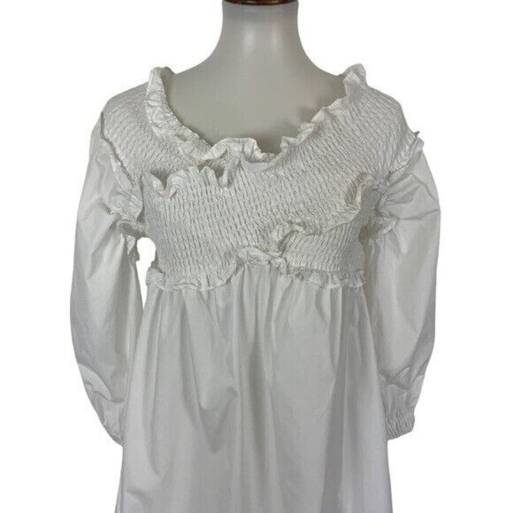 CLASSY White Cotton Ruffle Smocked Mini Dress Cottagecore Style Small - Picture 2 of 6